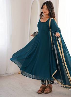 Teal blue georgette anarkali kurta set with pant and embroidered dupatta for women 3