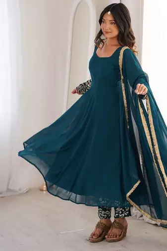 Teal blue georgette anarkali kurta set with pant and embroidered dupatta for women
