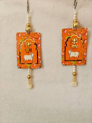 MDF Cow Shubh Labh Door Hanging | Diwali Decor Hanging Decor Door Hanging (Pack of 2) (Orange) 1
