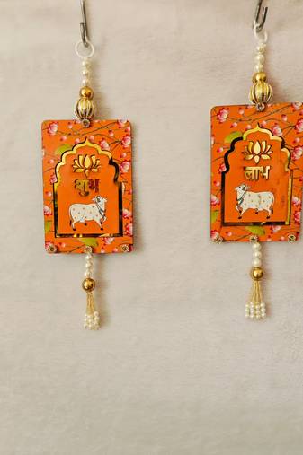 MDF Cow Shubh Labh Door Hanging | Diwali Decor Hanging Decor Door Hanging (Pack of 2) (Orange)