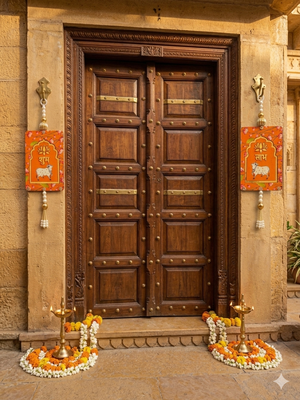 MDF Cow Shubh Labh Door Hanging | Diwali Decor Hanging Decor Door Hanging (Pack of 2) (Orange) 2