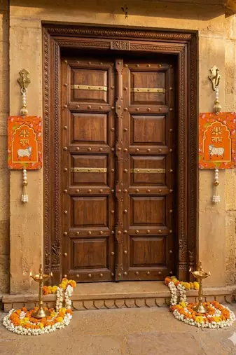 MDF Cow Shubh Labh Door Hanging | Diwali Decor Hanging Decor Door Hanging (Pack of 2) (Orange)