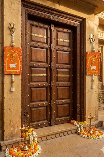 MDF Cow Shubh Labh Door Hanging | Diwali Decor Hanging Decor Door Hanging (Pack of 2) (Orange)