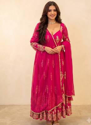 Fancy rani pink embroidered anarkali kurta pant dupatta set 1