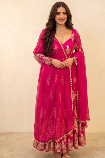 Fancy rani pink embroidered anarkali kurta pant dupatta set