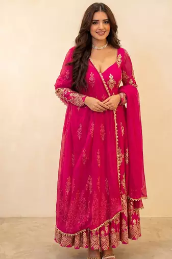 Fancy rani pink embroidered anarkali kurta pant dupatta set
