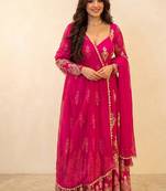 Fancy rani pink embroidered anarkali kurta pant dupatta set