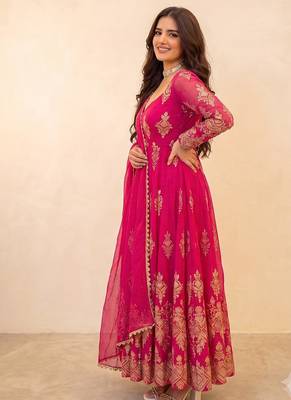 Fancy rani pink embroidered anarkali kurta pant dupatta set 2