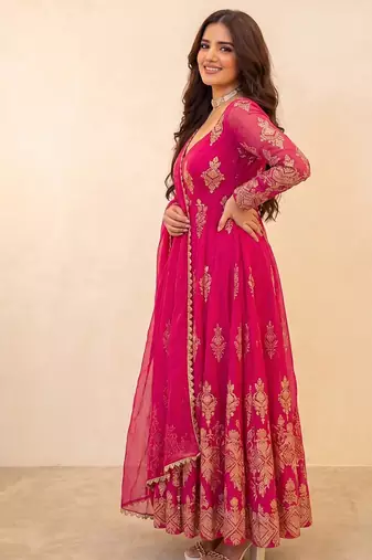 Fancy rani pink embroidered anarkali kurta pant dupatta set