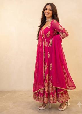 Fancy rani pink embroidered anarkali kurta pant dupatta set 3