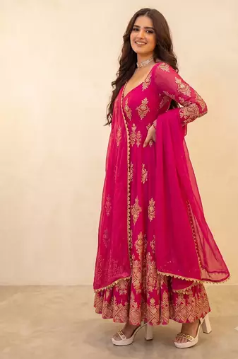 Fancy rani pink embroidered anarkali kurta pant dupatta set