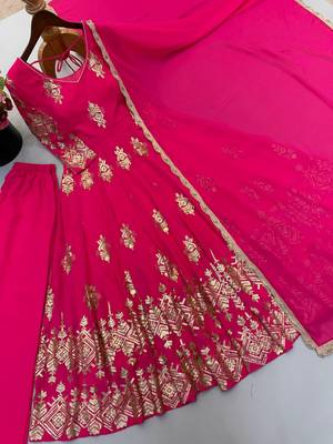 Fancy rani pink embroidered anarkali kurta pant dupatta set 4