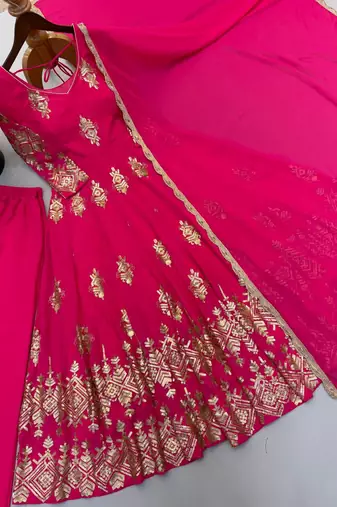 Fancy rani pink embroidered anarkali kurta pant dupatta set