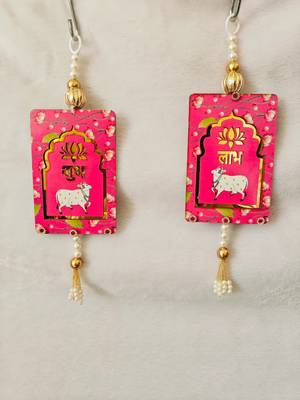 MDF Cow Shubh Labh Door Hanging | Diwali Decor Hanging Decor Hanging (Pack of 2) (Pink) 1