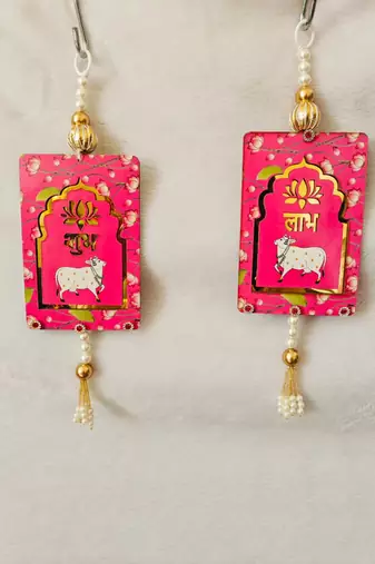 MDF Cow Shubh Labh Door Hanging | Diwali Decor Hanging Decor Hanging (Pack of 2) (Pink)