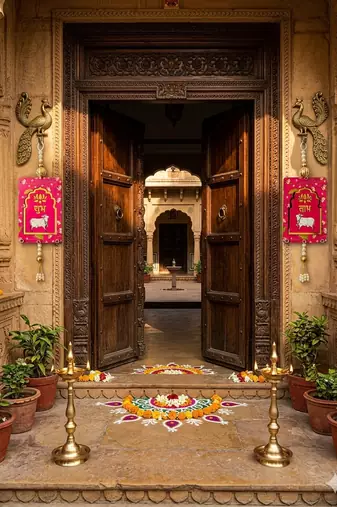 MDF Cow Shubh Labh Door Hanging | Diwali Decor Hanging Decor Hanging (Pack of 2) (Pink)