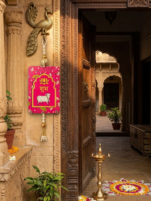 MDF Cow Shubh Labh Door Hanging | Diwali Decor Hanging Decor Hanging (Pack of 2) (Pink) 3