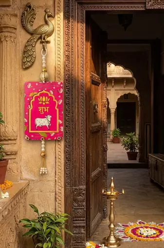 MDF Cow Shubh Labh Door Hanging | Diwali Decor Hanging Decor Hanging (Pack of 2) (Pink)
