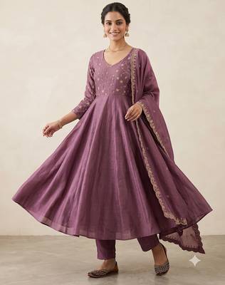 Trendy purple embroidered long flared anarkali kurta pant set with matching dupatta for girls & women 1