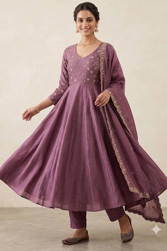 Trendy purple embroidered long flared anarkali kurta pant set with matching dupatta for girls & women