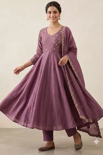 Trendy purple embroidered long flared anarkali kurta pant set with matching dupatta for girls & women