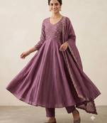 Trendy purple embroidered long flared anarkali kurta pant set with matching dupatta for girls & women
