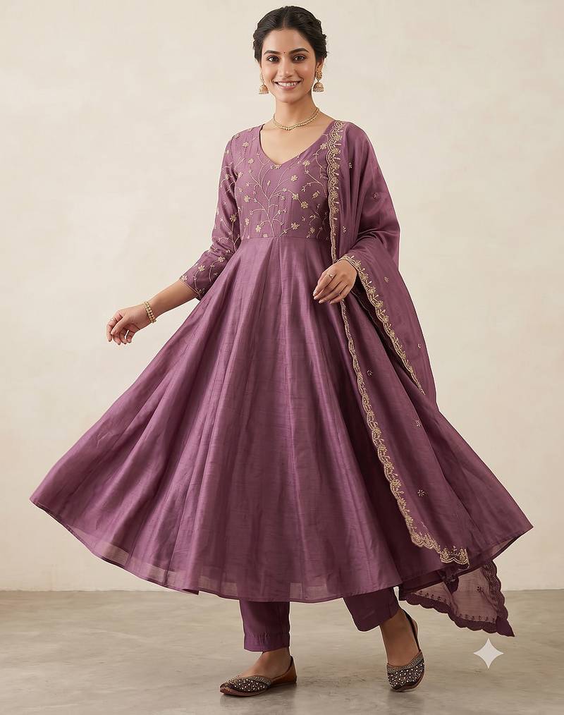 Trendy purple embroidered long flared anarkali kurta pant set with matching dupatta for girls & women