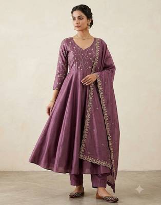 Trendy purple embroidered long flared anarkali kurta pant set with matching dupatta for girls & women 2
