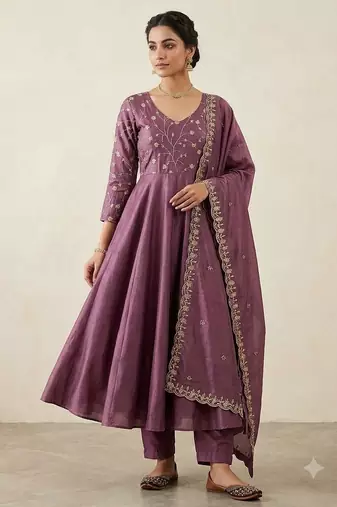 Trendy purple embroidered long flared anarkali kurta pant set with matching dupatta for girls & women