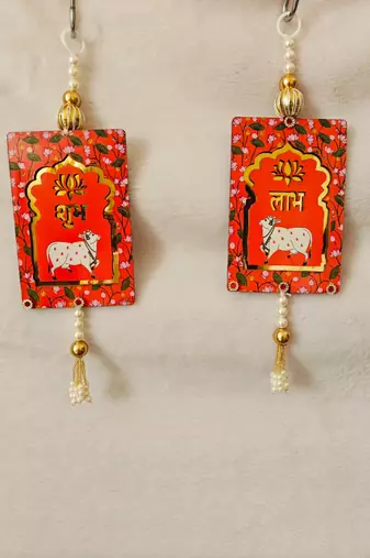 MDF Cow Shubh Labh Door Hanging | Diwali Decor Door Hanging Festivals Decor Hanging (Pack of 2) (Red)