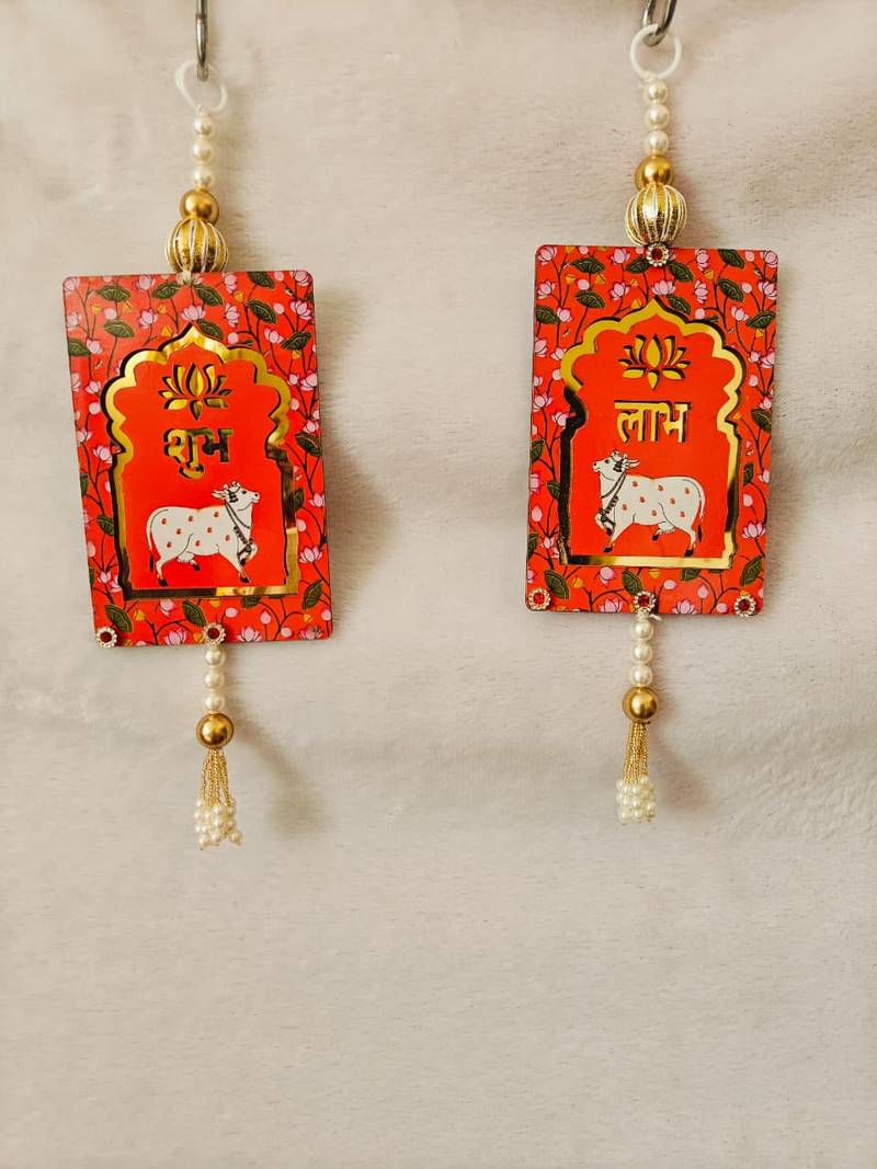 MDF Cow Shubh Labh Door Hanging | Diwali Decor Door Hanging Festivals Decor Hanging (Pack of 2) (Red)