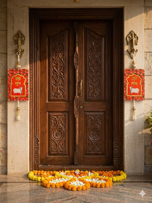 MDF Cow Shubh Labh Door Hanging | Diwali Decor Door Hanging Festivals Decor Hanging (Pack of 2) (Red) 2