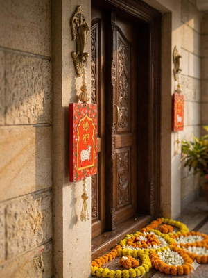 MDF Cow Shubh Labh Door Hanging | Diwali Decor Door Hanging Festivals Decor Hanging (Pack of 2) (Red) 3