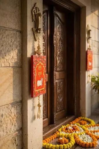 MDF Cow Shubh Labh Door Hanging | Diwali Decor Door Hanging Festivals Decor Hanging (Pack of 2) (Red)