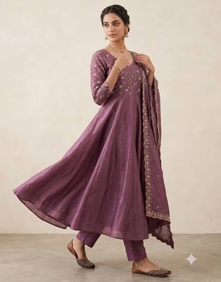 Trendy purple embroidered long flared anarkali kurta pant set with matching dupatta for girls & women 3