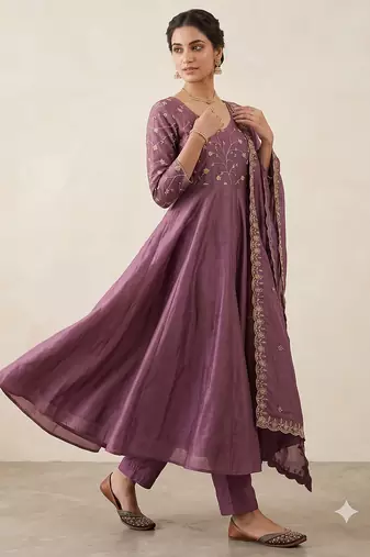 Trendy purple embroidered long flared anarkali kurta pant set with matching dupatta for girls & women