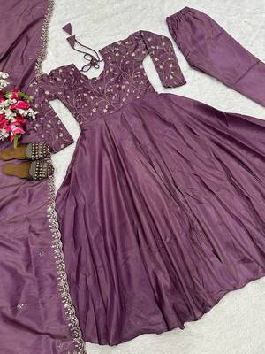 Trendy purple embroidered long flared anarkali kurta pant set with matching dupatta for girls & women 4