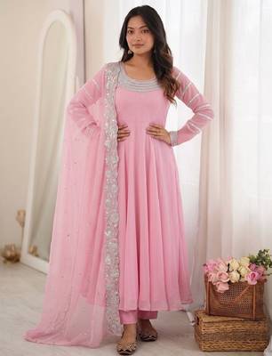 Readymade pink georgette anarkali long gown kurta with pant and cutwork dupatta | wedding & reception ethnic set 1