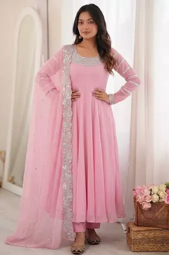 Readymade pink georgette anarkali long gown kurta with pant and cutwork dupatta | wedding & reception ethnic set