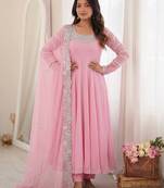 Readymade pink georgette anarkali long gown kurta with pant and cutwork dupatta | wedding & reception ethnic set