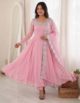Readymade pink georgette anarkali long gown kurta with pant and cutwork dupatta | wedding & reception ethnic set 2