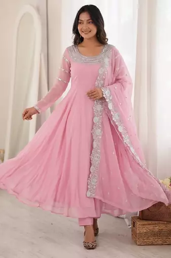 Readymade pink georgette anarkali long gown kurta with pant and cutwork dupatta | wedding & reception ethnic set