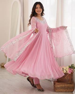 Readymade pink georgette anarkali long gown kurta with pant and cutwork dupatta | wedding & reception ethnic set 3