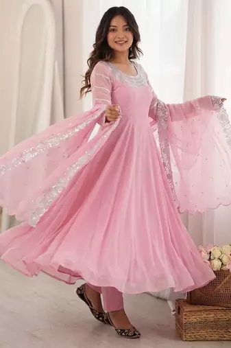 Readymade pink georgette anarkali long gown kurta with pant and cutwork dupatta | wedding & reception ethnic set