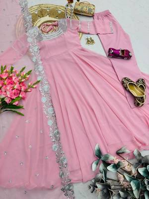 Readymade pink georgette anarkali long gown kurta with pant and cutwork dupatta | wedding & reception ethnic set 4
