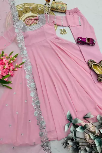 Readymade pink georgette anarkali long gown kurta with pant and cutwork dupatta | wedding & reception ethnic set