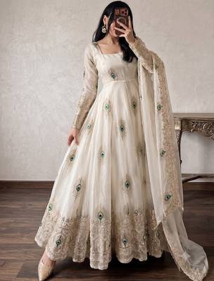 Women's cream embroidered anarkali gown kurti with pant & dupatta set 1