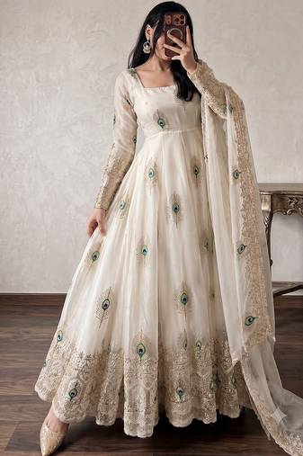 Women's cream embroidered anarkali gown kurti with pant & dupatta set