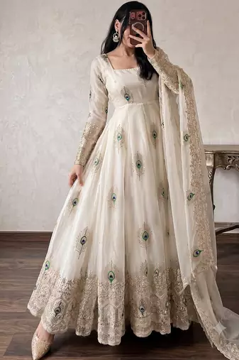 Women's cream embroidered anarkali gown kurti with pant & dupatta set