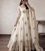 Women's cream embroidered anarkali gown kurti with pant & dupatta set
